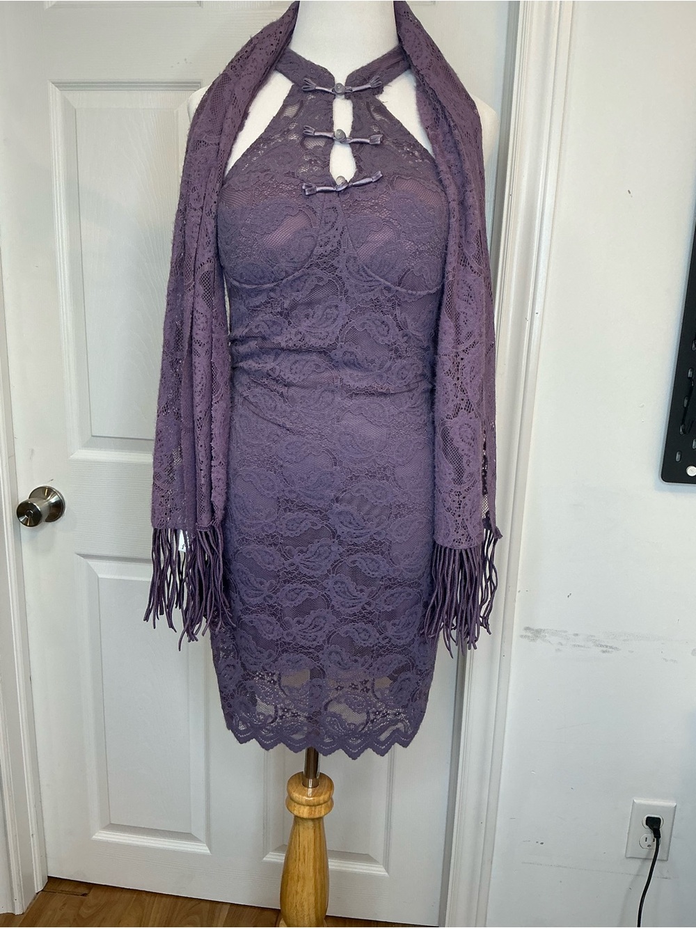 2082 - Lace Halter Sheath Mini Dress in Dusty Lavender